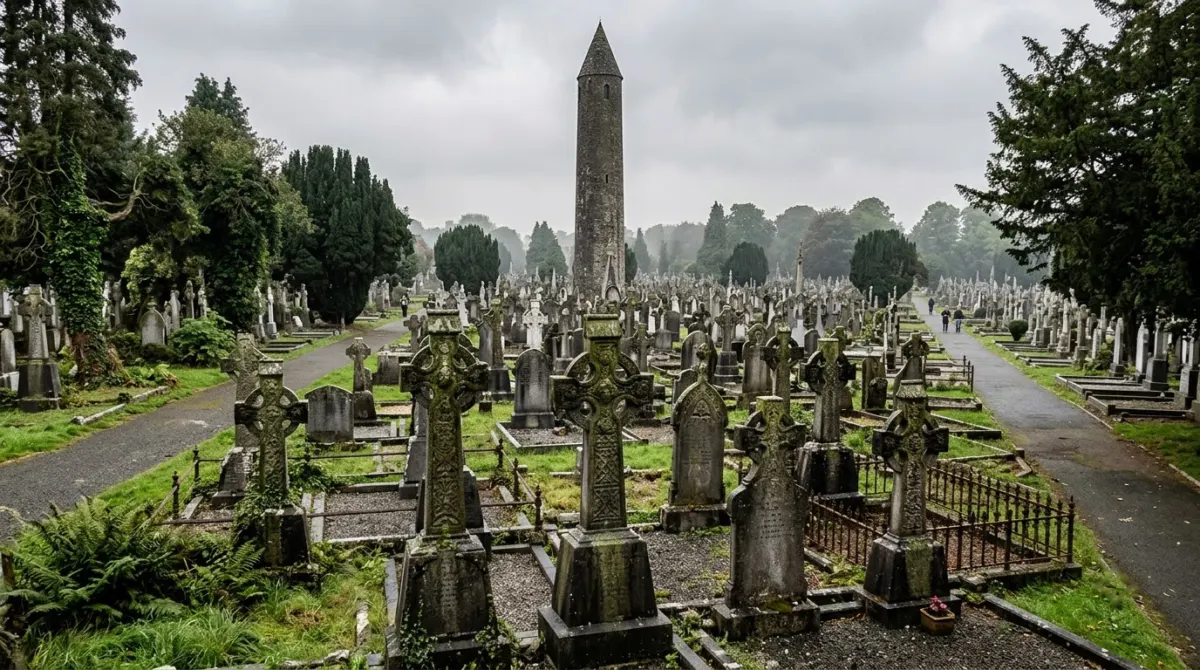 Old Celtic cross gravestones and a round tower in a large green cemetery under a grey sky, Glasnevin, Dublin, Ireland