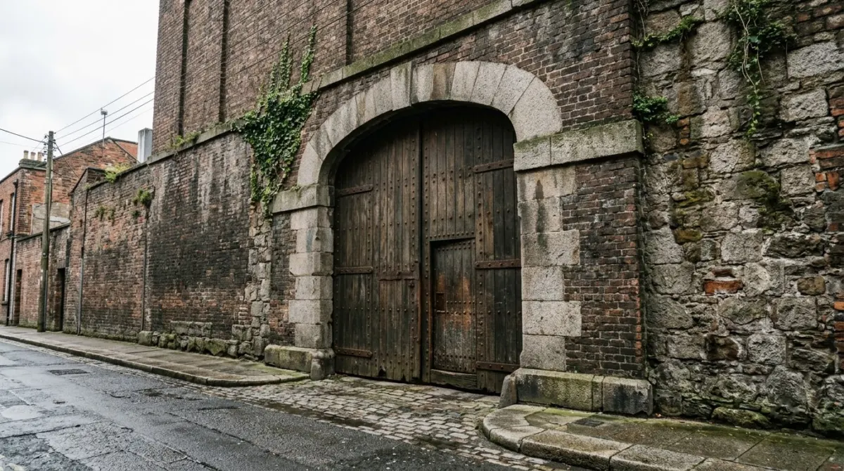 An old brewery gate with heavy wooden doors set in a tall stone and brick wall, Dublin, Ireland