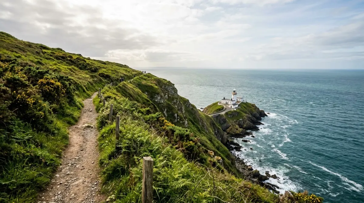 A cliff path along a green headland above the sea with a lighthouse below, Howth, Dublin, Ireland