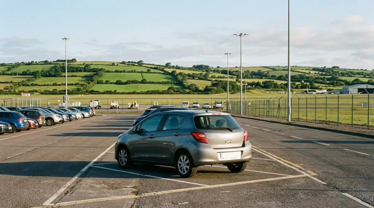 A rental car parked at an airport car park with green hills beyond on a clear morning, County Cork, Ireland
