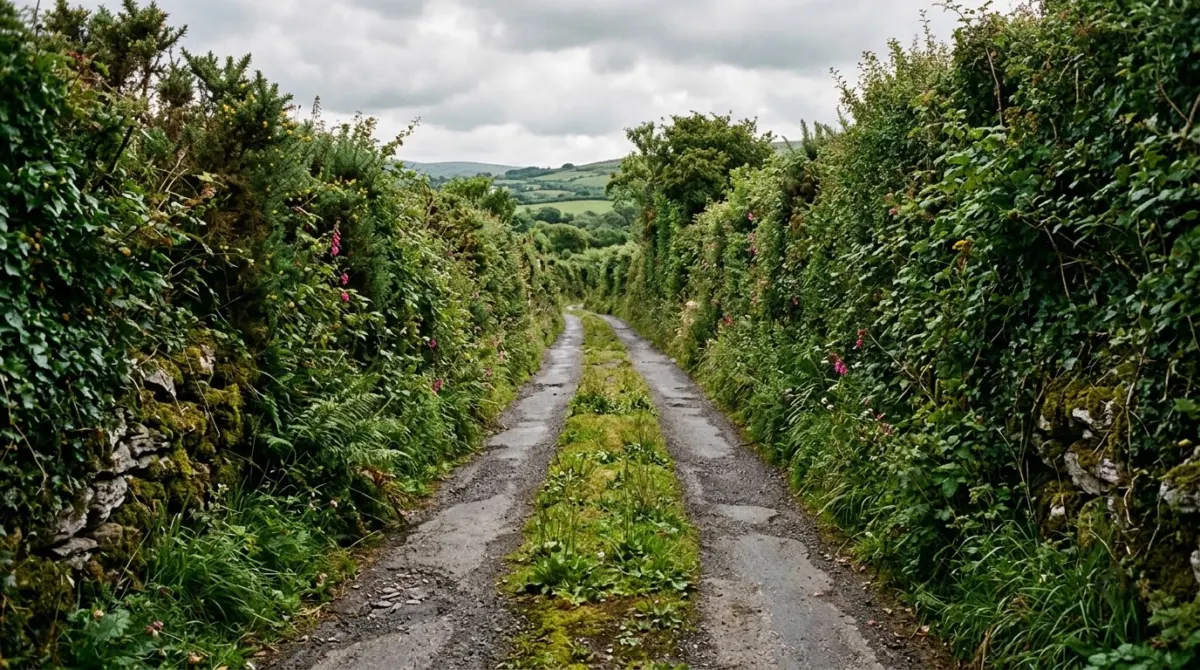 A narrow road with high hedges and grass growing down the middle, West Cork, Ireland