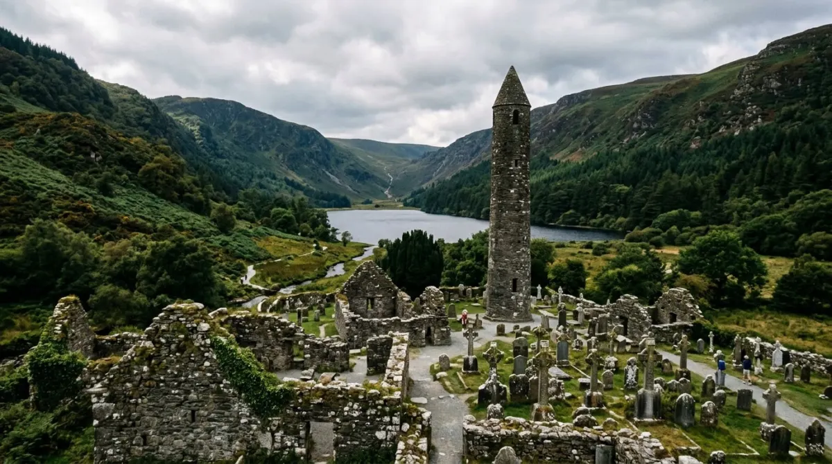 A monastic round tower and stone ruins in a glacial valley with a lake and forested hills, Glendalough, County Wicklow, Ireland