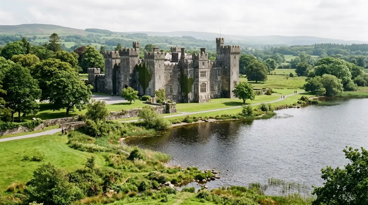 A grey stone castle with towers set in green parkland beside a lake, Ireland