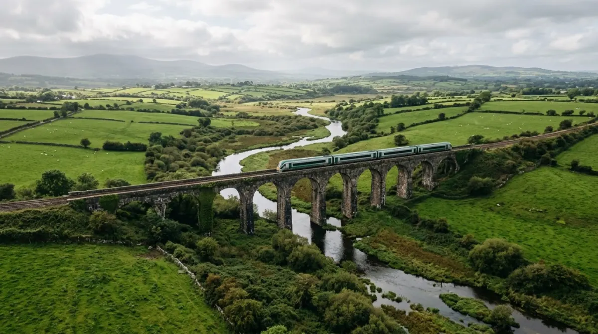 A passenger train crossing a stone viaduct over a river valley in green countryside, Ireland