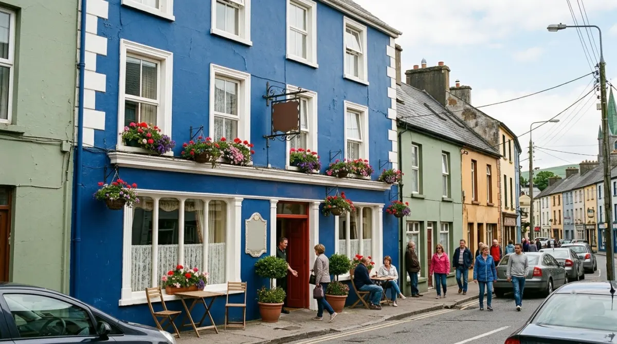 A small family hotel with a painted front on the main street of a west of Ireland town in summer