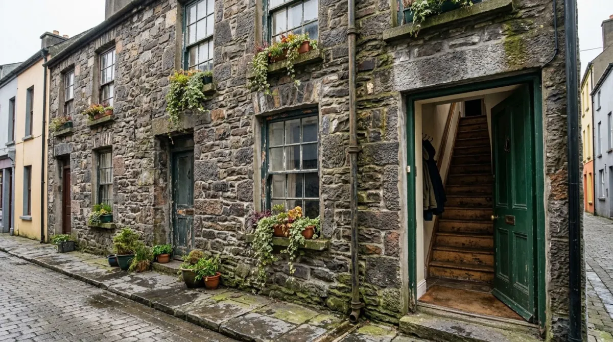 A narrow old stone townhouse with a steep staircase visible through the open door, Galway, Ireland