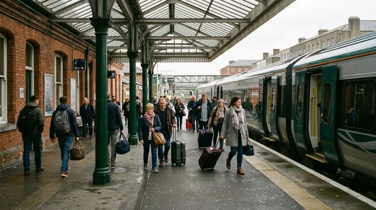 A small city railway station with a train at the platform and travellers with bags, Galway, Ireland