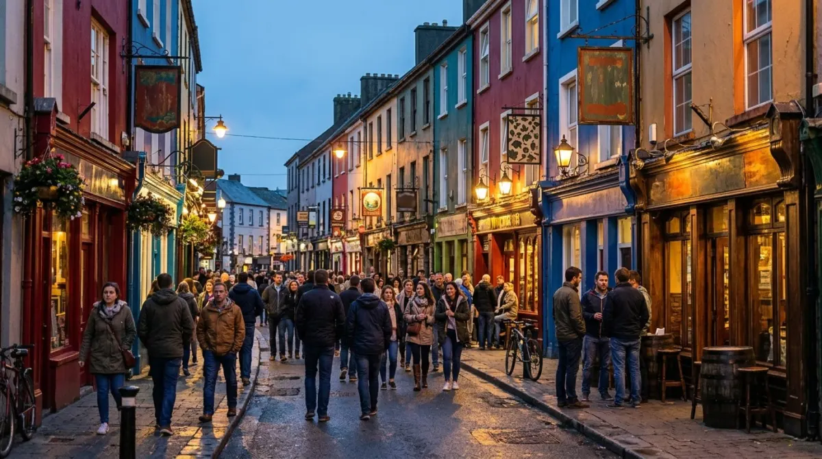 A colourful street of bars and shops with people walking in the evening, the Westend, Galway, Ireland