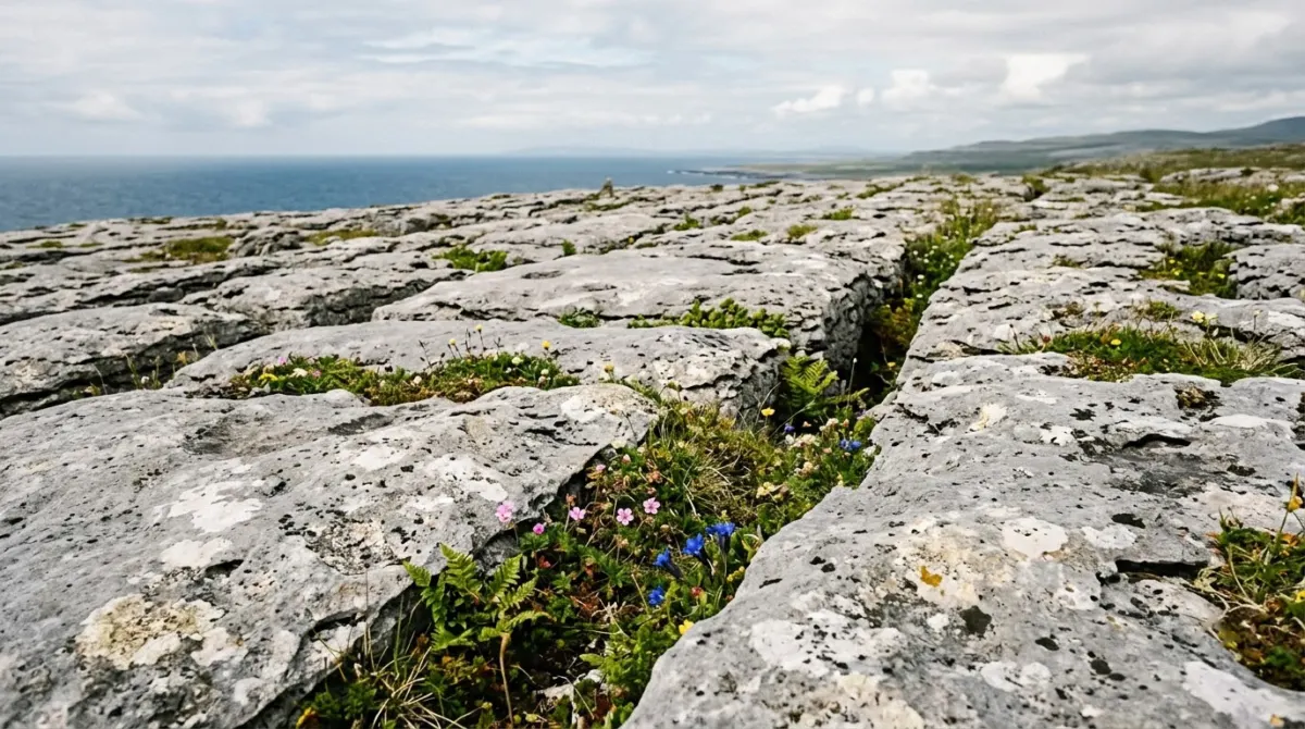 Limestone pavement with small wildflowers growing in the cracks and the sea in the distance, the Burren, County Clare, Ireland