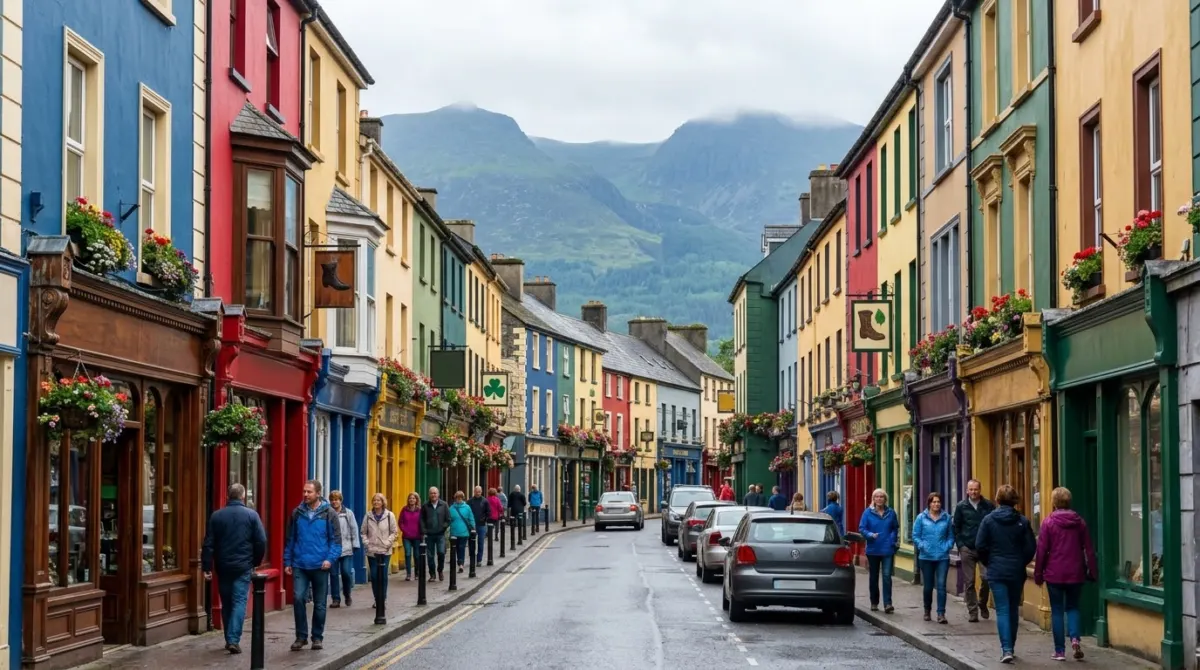 A small town street with colourful shopfronts and mountains visible at the end, Killarney, County Kerry, Ireland