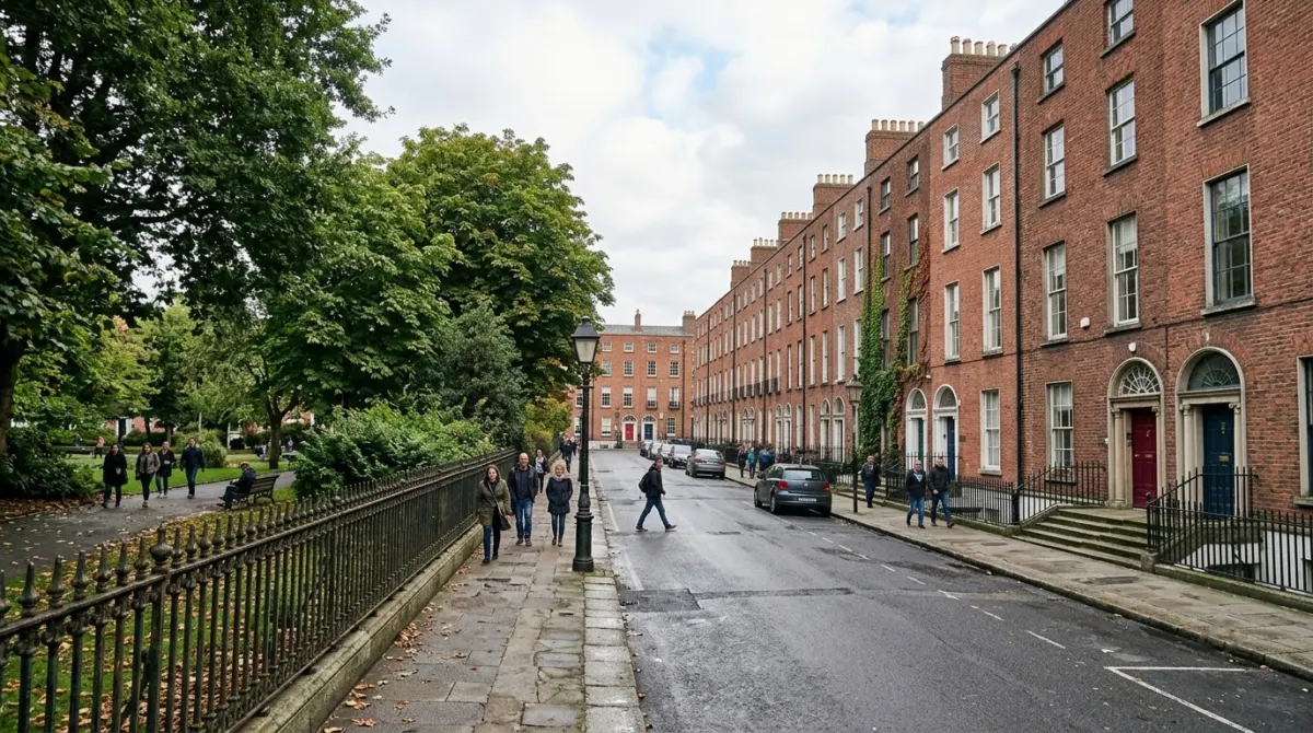 A Georgian square with a green park, iron railings and red brick terraces, Dublin, Ireland