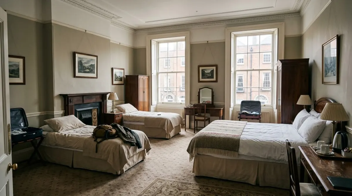 A hotel family room with a double bed and two single beds in a high-ceilinged period building, Dublin, Ireland