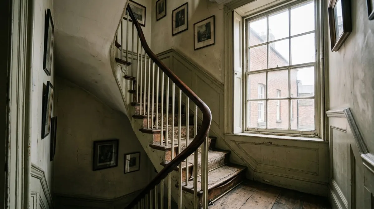 A steep narrow staircase inside an old Georgian townhouse with a tall sash window, Dublin, Ireland