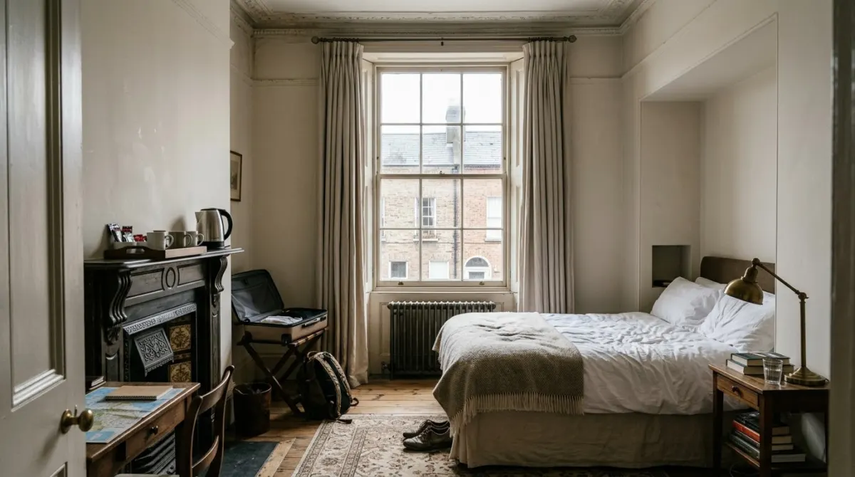 A compact hotel room with a tall sash window and high ceiling in a converted terraced townhouse, Dublin, Ireland