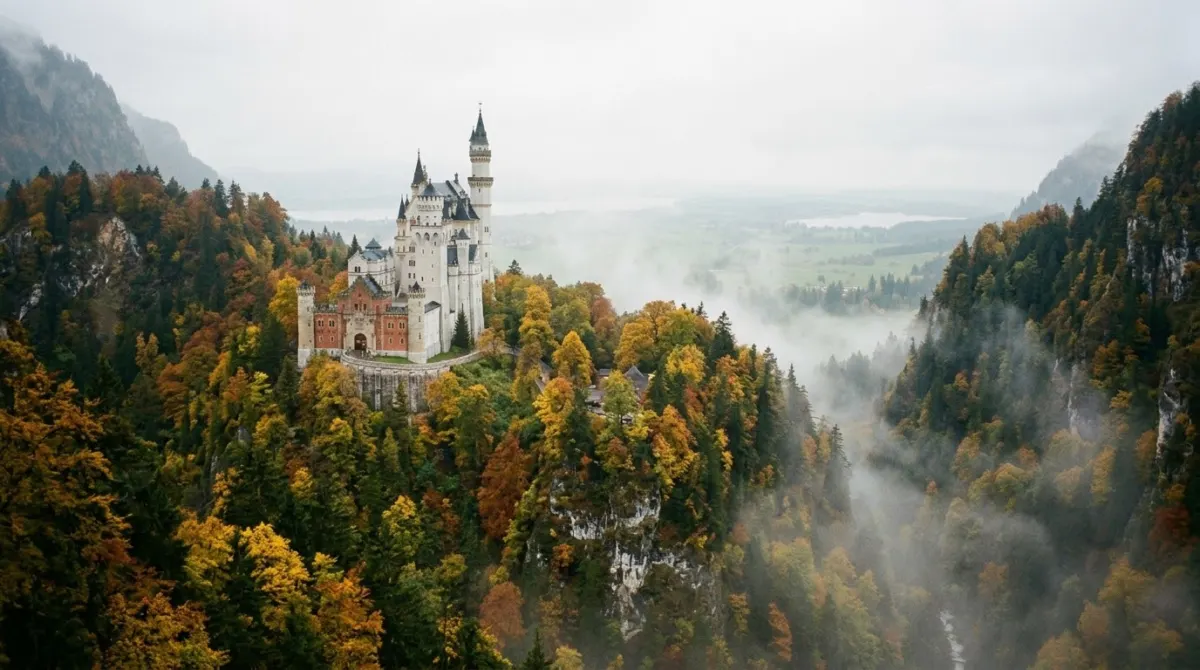 A white turreted castle on a forested ridge above a misty valley in autumn, Neuschwanstein, Germany