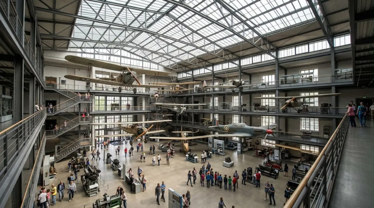 Historic aircraft suspended in a vast museum hall with visitors small on the floor below, Deutsches Museum, Munich, Germany