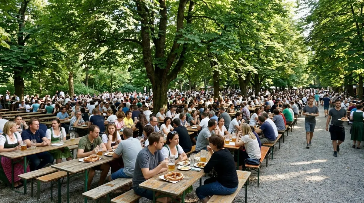 Long wooden tables under chestnut trees in a large beer garden on a sunny afternoon, English Garden, Munich, Germany