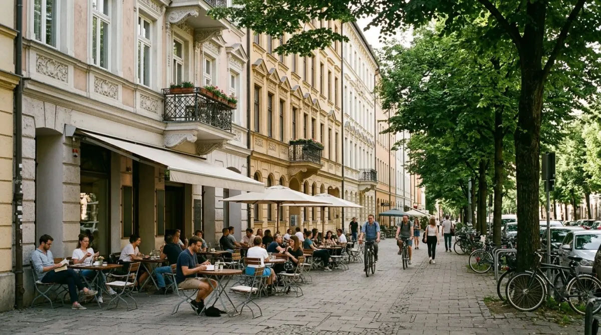 A leafy street of nineteenth-century apartment buildings with cafe tables on the pavement, Schwabing, Munich, Germany