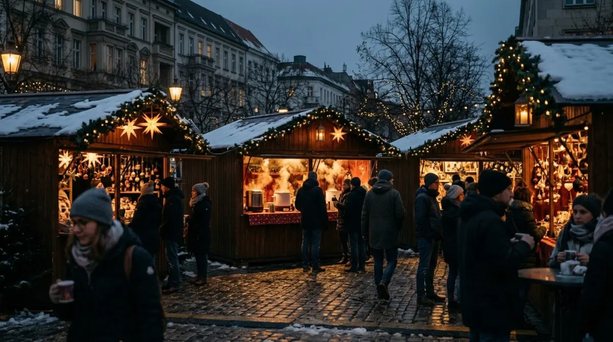 Wooden stalls glowing with warm lights at a small christmas market on a dark winter afternoon, Berlin, Germany