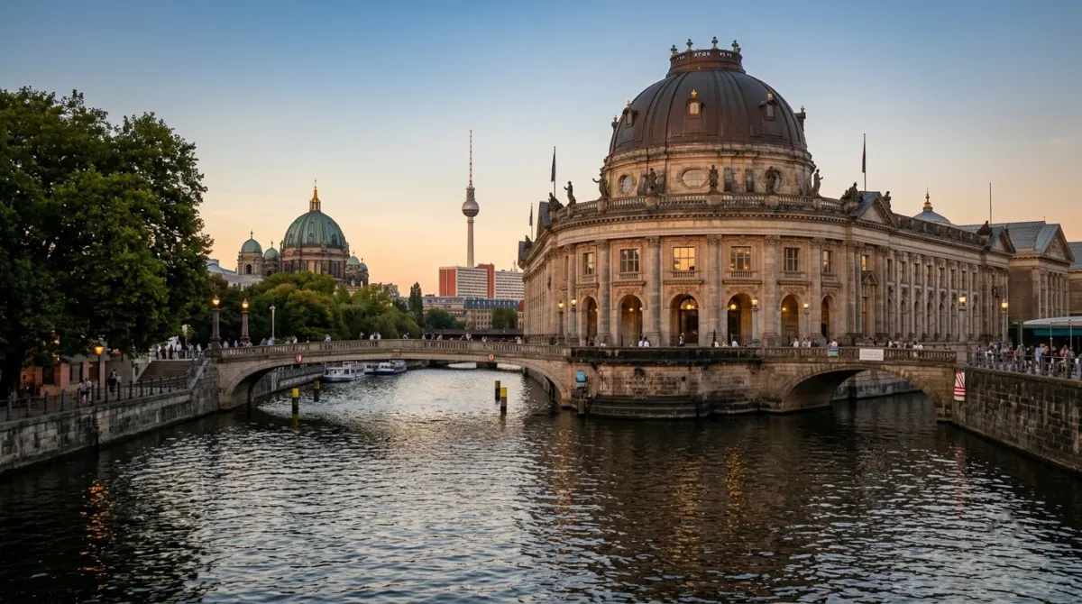 Domed museum buildings rising above the river with a footbridge and evening light on the water, Museum Island, Berlin, Germany