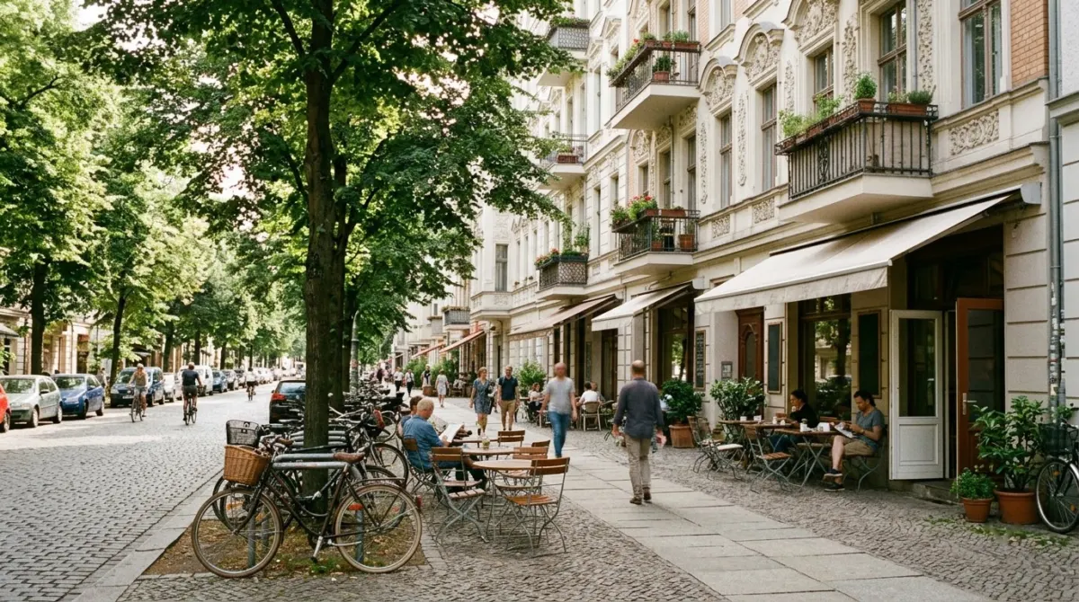 A tree-lined street of restored nineteenth-century apartment blocks with cafe tables and parked bicycles, Prenzlauer Berg, Berlin, Germany
