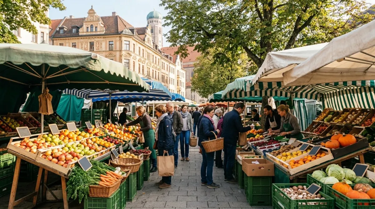 Fruit and vegetable stalls under awnings in an open-air market square on a bright morning, Viktualienmarkt, Munich, Germany
