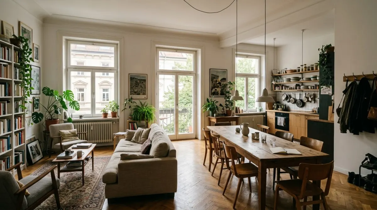 A spacious apartment living room with an open kitchen and a long dining table, Haidhausen, Munich, Germany
