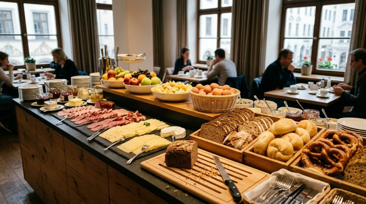 A hotel breakfast buffet with cold meats, cheeses, several breads, boiled eggs and fruit on a long counter, Munich, Germany