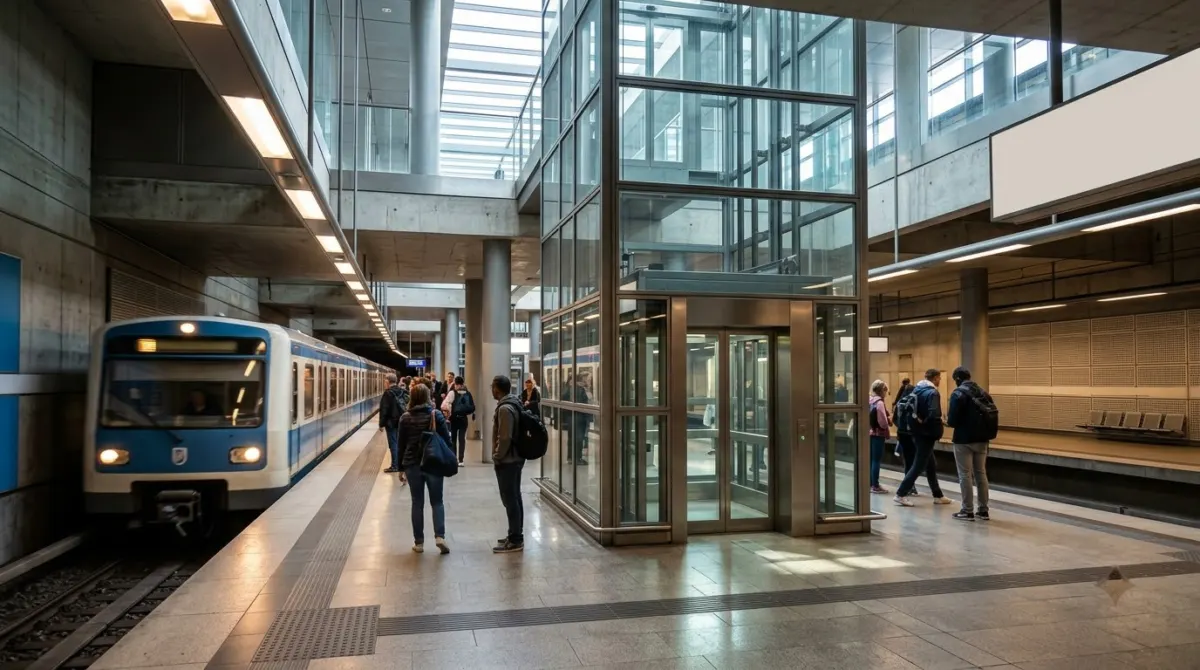 A bright modern underground station platform with a glass lift and a train arriving, Munich, Germany