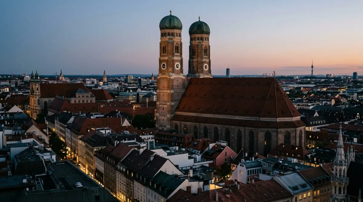 Twin brick towers with green onion domes rising above old town rooftops at dusk, Frauenkirche, Munich, Germany