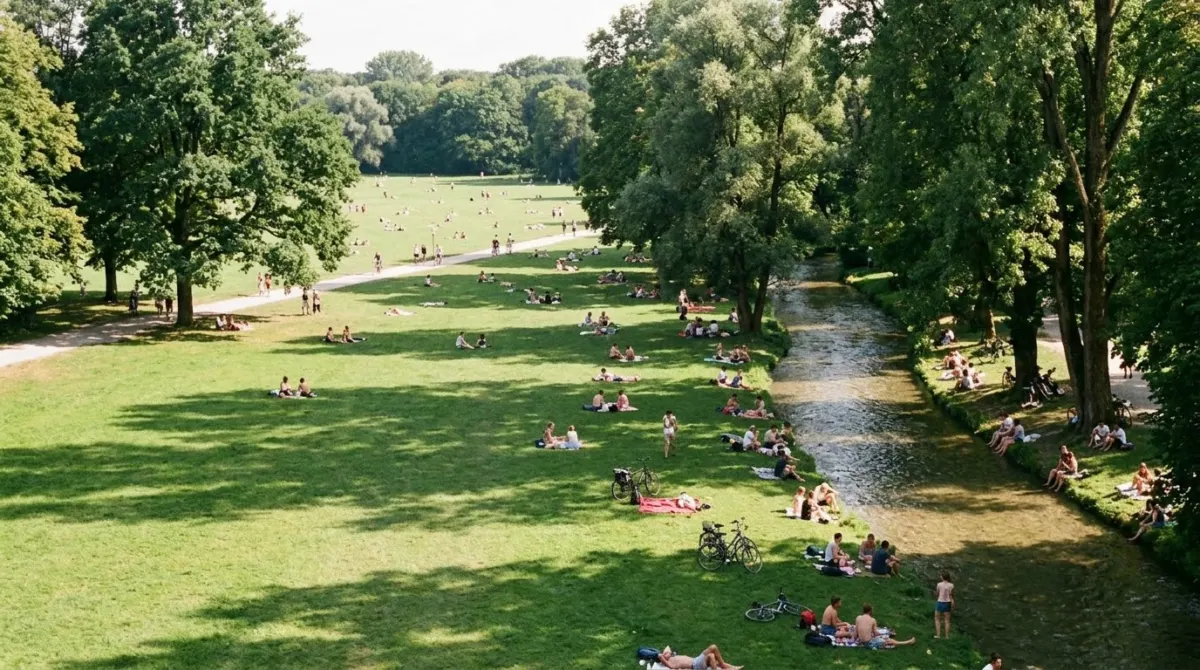 People relaxing small on a wide sunny lawn beside a stream under tall trees, Englischer Garten, Munich, Germany