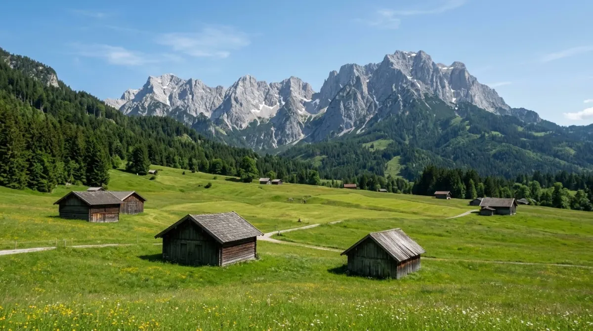 A green alpine meadow with wooden hay barns below jagged limestone peaks on a clear summer day, Garmisch, Germany