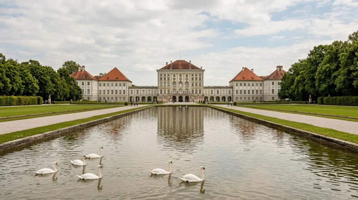 A long pale baroque palace facade reflected in a straight canal with swans in the foreground, Nymphenburg Palace, Munich, Germany