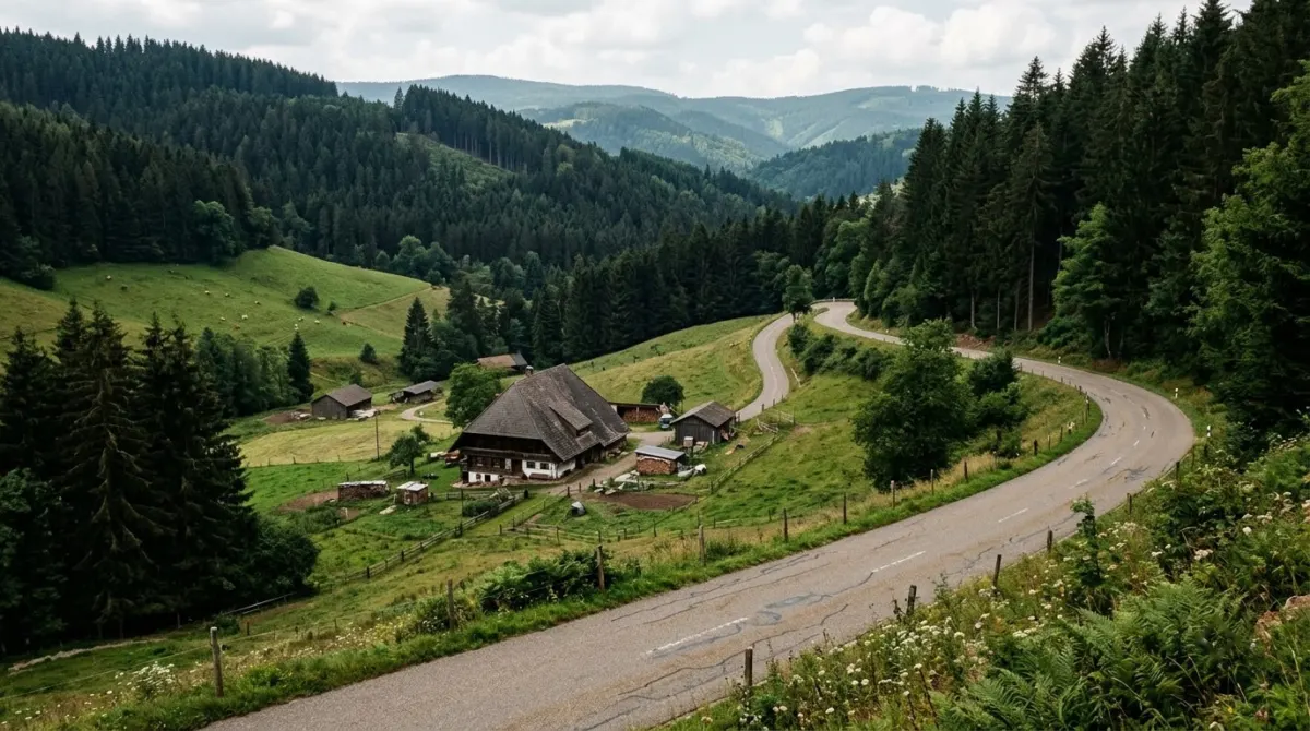A quiet winding road through dark wooded hills and green pasture with a farmhouse below, Black Forest, Germany