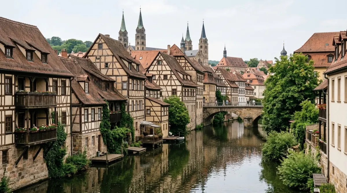 Half-timbered houses and church towers along a narrow river in a small medieval old town, Bamberg, Germany