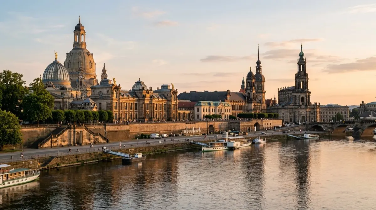 Baroque domes and church spires above a riverside terrace on the Elbe in warm evening light, Dresden, Germany