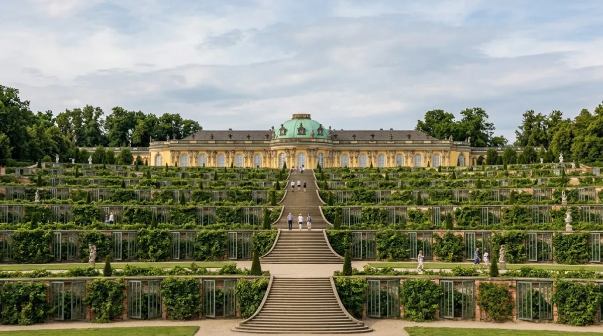 Terraced vineyard steps leading up to a low yellow palace with a green dome, Sanssouci, Potsdam, Germany