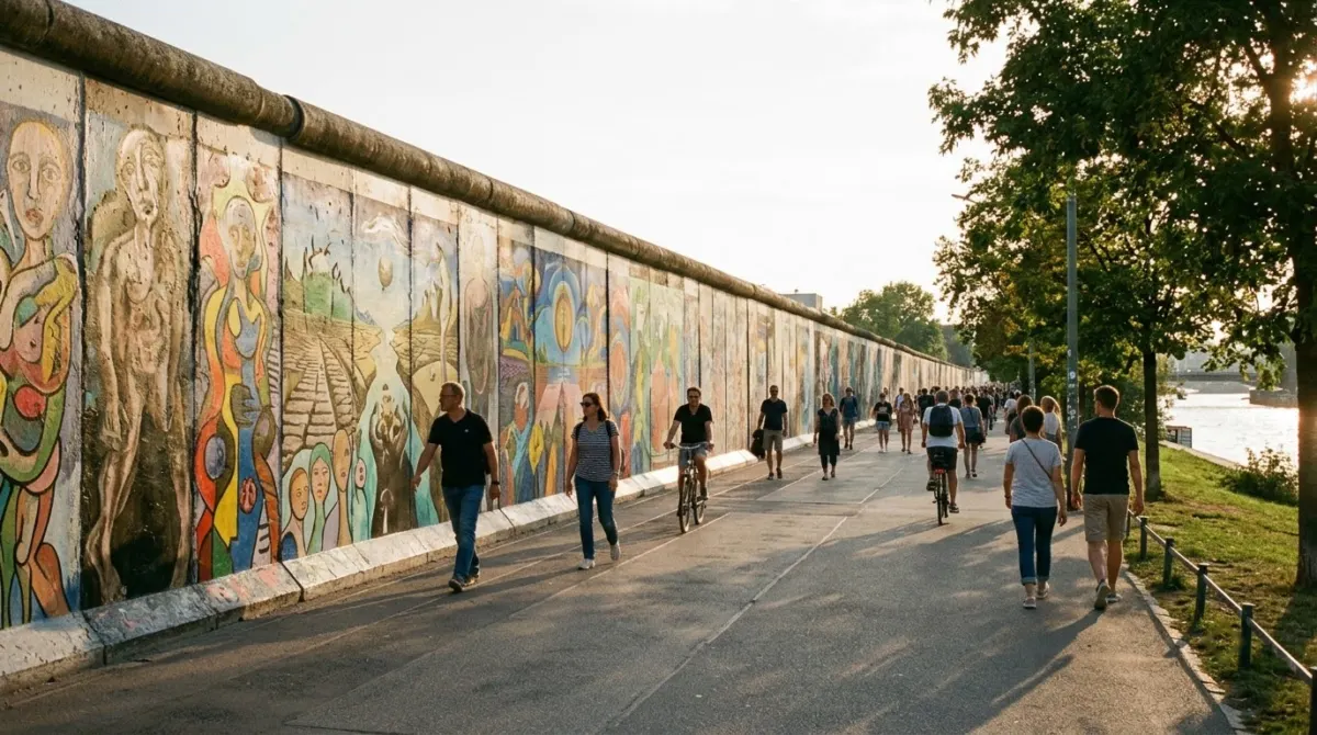 A long painted stretch of the former wall beside a riverside path in late afternoon sun, East Side Gallery, Berlin, Germany