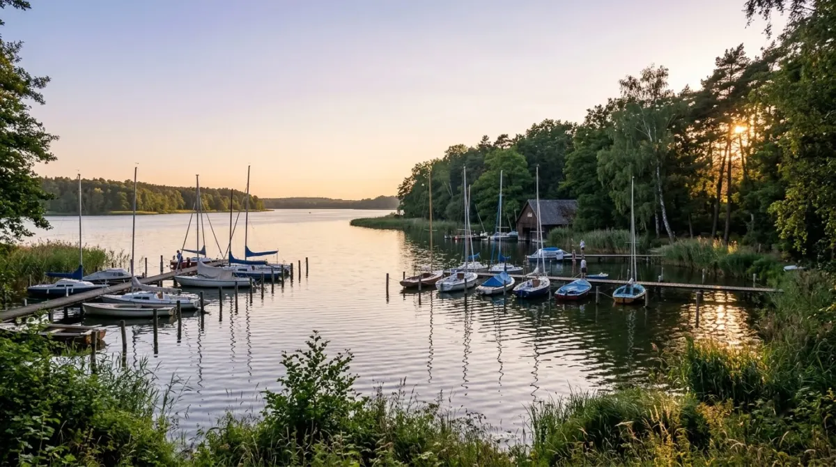 A calm lake edged by trees with small sailing boats in long summer evening light, Berlin, Germany