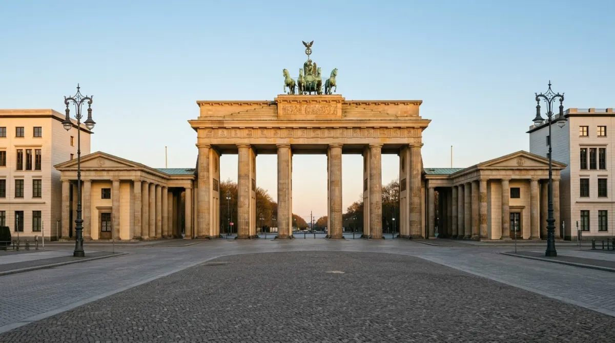 The sandstone columns of a monumental city gate above a wide empty square on a clear morning, Brandenburg Gate, Berlin, Germany