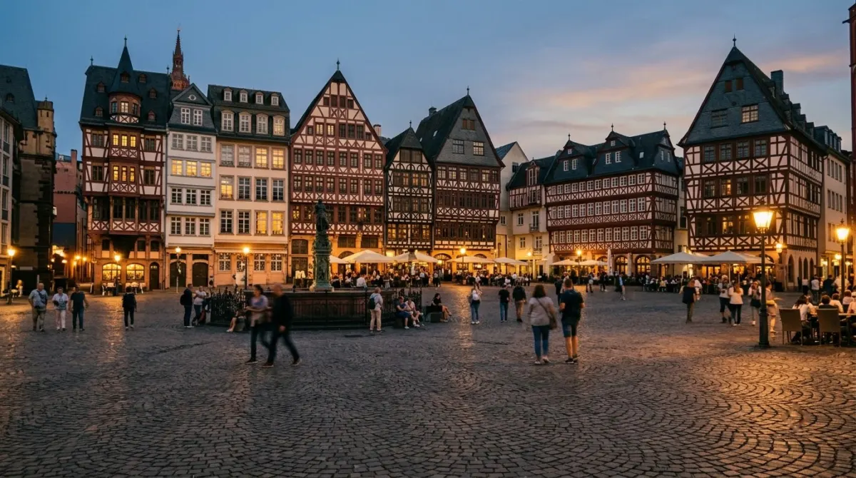 Reconstructed half-timbered gabled houses around a cobbled old town square at dusk, Römerberg, Frankfurt, Germany