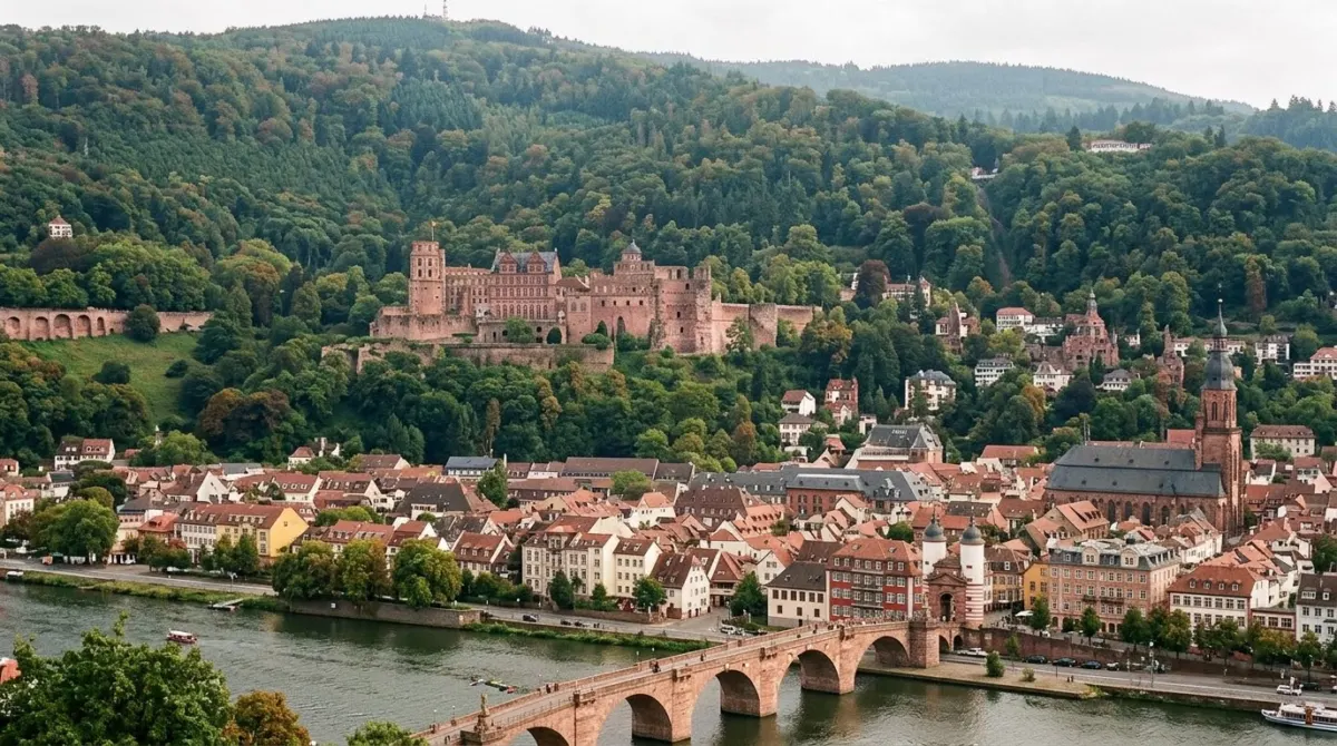A red sandstone castle ruin on a wooded hillside above a river and an old town, Heidelberg, Germany