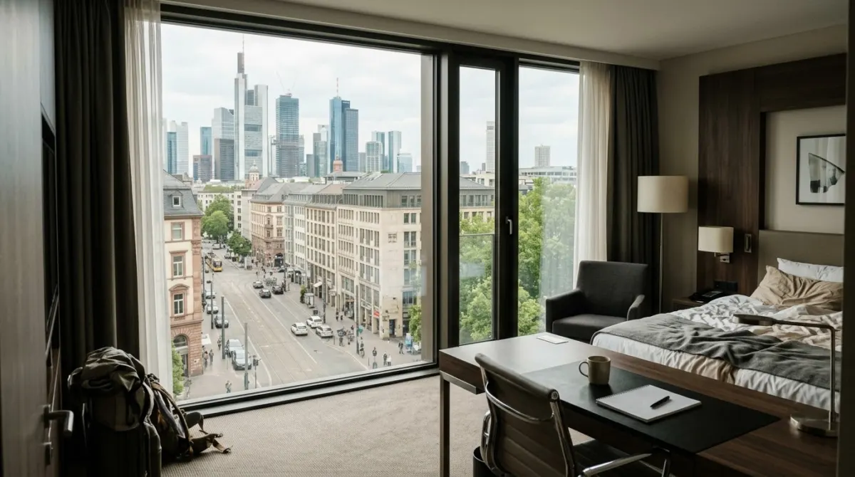 A modern hotel room with a large window, a desk and neutral furnishings above a city street, Frankfurt, Germany