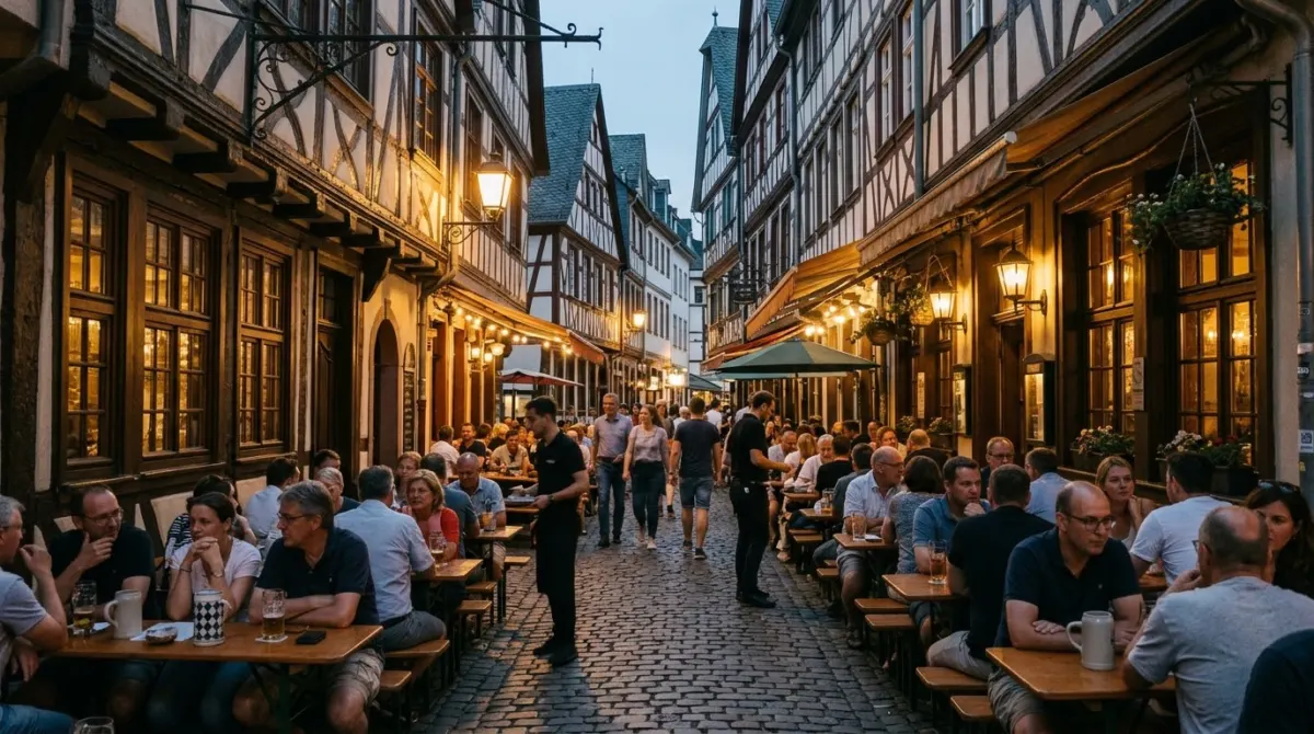 A narrow cobbled lane of half-timbered taverns with outdoor tables in the evening, Sachsenhausen, Frankfurt, Germany