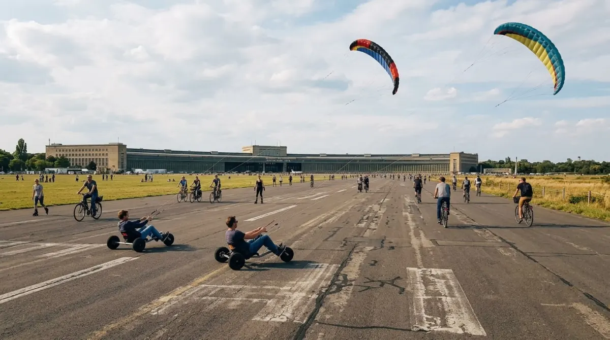 Kite-buggies and cyclists on a vast open airport runway with the old terminal building in the distance, Tempelhofer Feld, Berlin, Germany