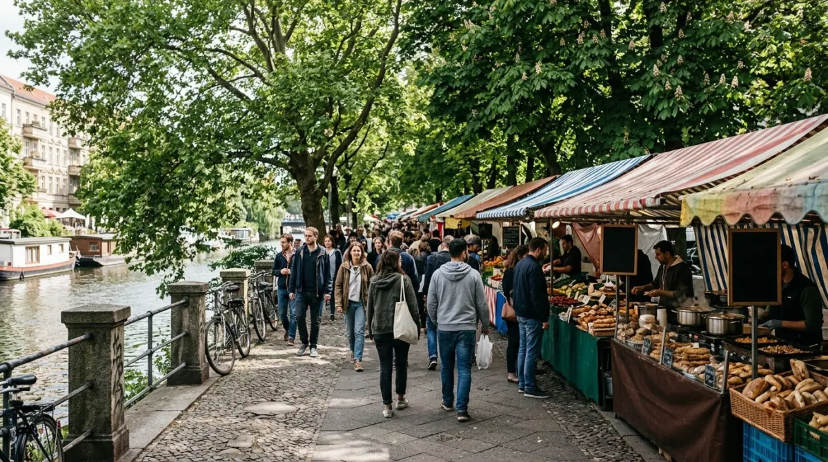 Food stalls with awnings along a tree-lined canal bank with shoppers walking past, Kreuzberg, Berlin, Germany