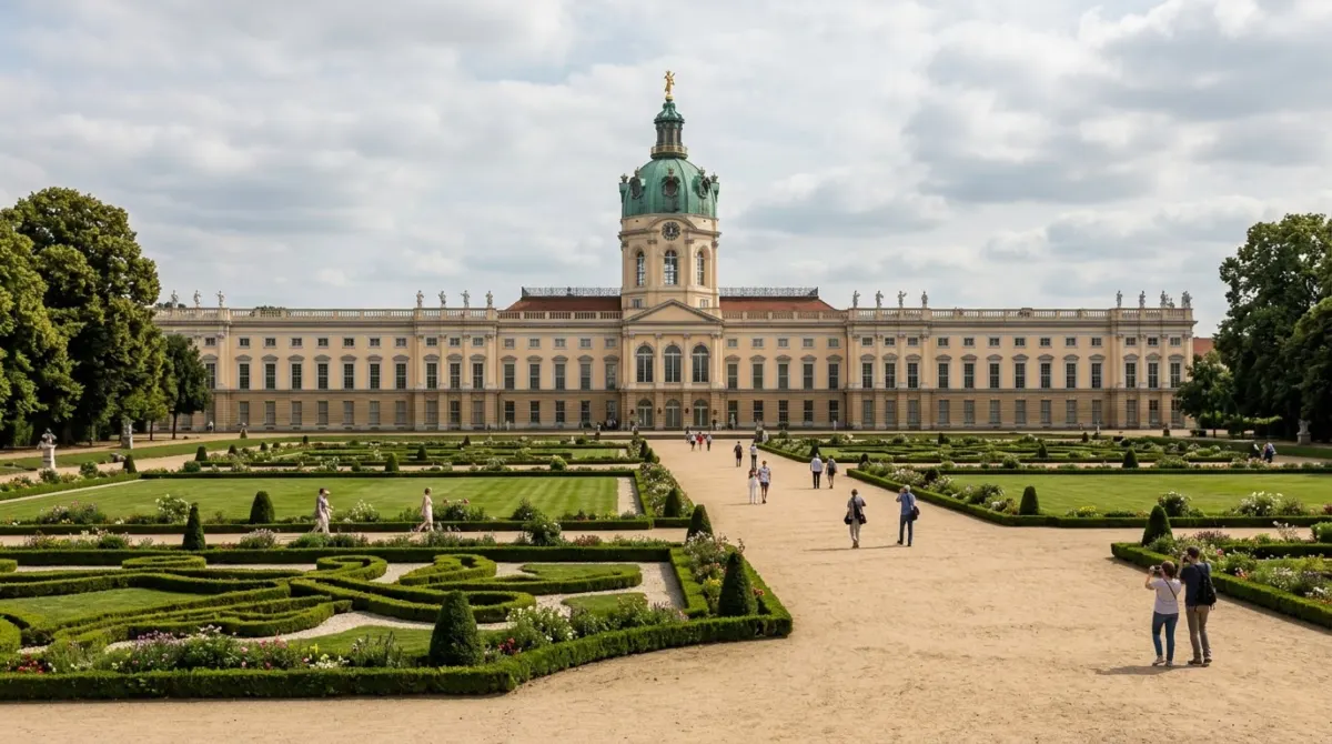 A long baroque palace with a central green dome behind formal gardens and gravel paths, Charlottenburg, Berlin, Germany