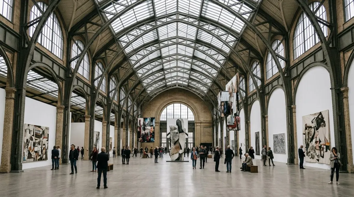 A long glass-roofed former railway hall turned gallery with large contemporary artworks, Hamburger Bahnhof, Berlin, Germany