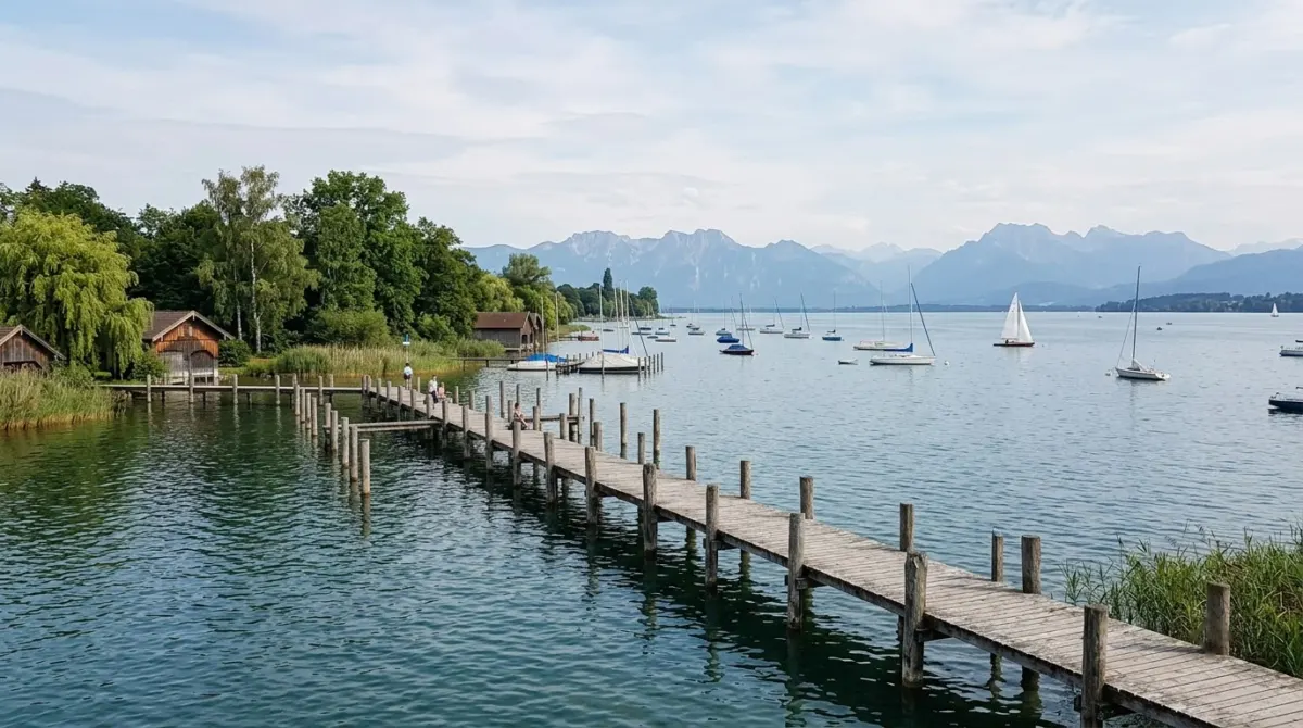 A wide calm lake with sailing boats and a wooden jetty below distant alpine peaks, Starnberg, Germany