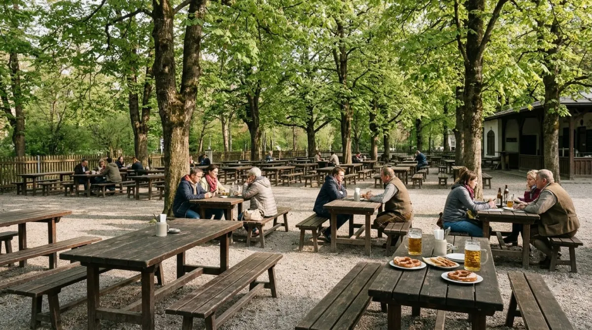 Shared wooden tables under leafy chestnut trees in a quiet beer garden on a spring afternoon, Munich, Germany